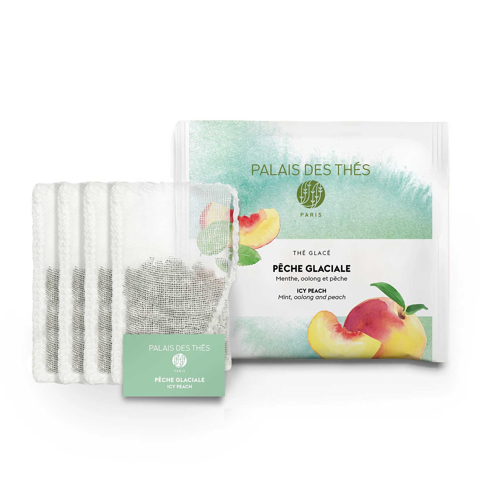 Boîte de thé glacé Palais des Thés Pêche Glaciale BIO, avec sachets berlingot XL pour infusion à froid