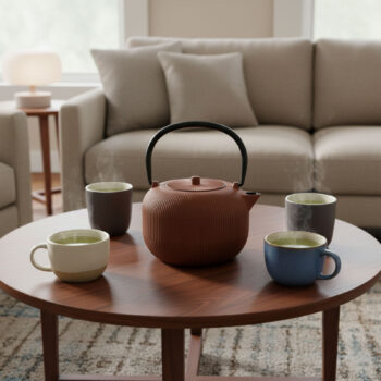 Théière en fonte Bastide camel avec des tasses de thé fumantes disposées autour sur une table en bois, design Gyokuro