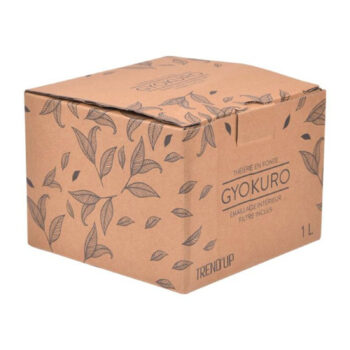 Boîte en carton pour théière en fonte Gyokuro grise 1L, ornée de motifs de feuilles de thé stylisées