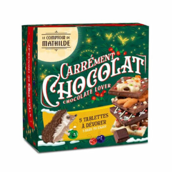 Coffret de 5 tablettes Carrément Chocolat Comptoir de Mathilde, décoration festive et motifs de Noël.