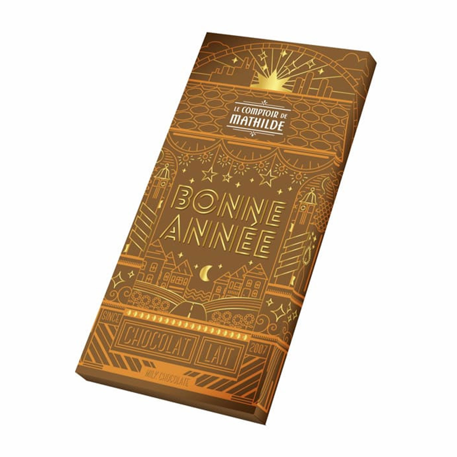 Tablette de chocolat au lait Le Comptoir de Mathilde "Bonne Année" 90g, emballage brun avec motifs dorés festifs