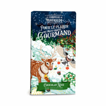 Tablette de chocolat noir de Noël 100g Le Comptoir de Mathilde avec emballage festif représentant un renne et une chouette dans un paysage enneigé.