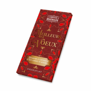 Tablette de chocolat au lait "Meilleurs Vœux" 100g – Le Comptoir de Mathilde, avec un emballage festif rouge et doré.