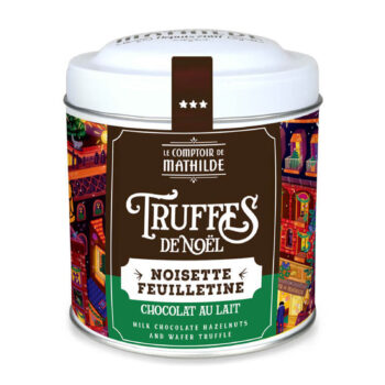 Boîte métallique Le Comptoir de Mathilde Truffes de Noël, illustration festive nocturne, noisette feuilletine chocolat au lait