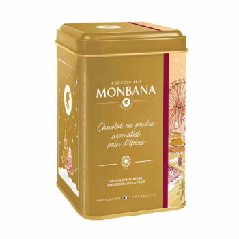 Boîte métal dorée de chocolat en poudre Monbana aromatisé au pain d’épices, édition limitée de Noël.