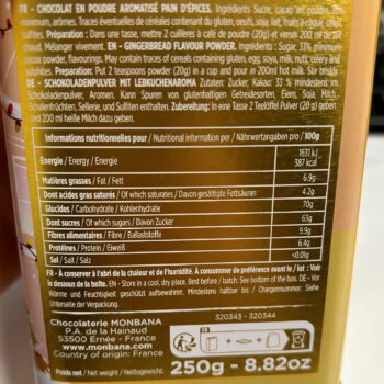 Informations nutritionnelles et ingrédients du chocolat en poudre Monbana au pain d’épices, édition limitée.