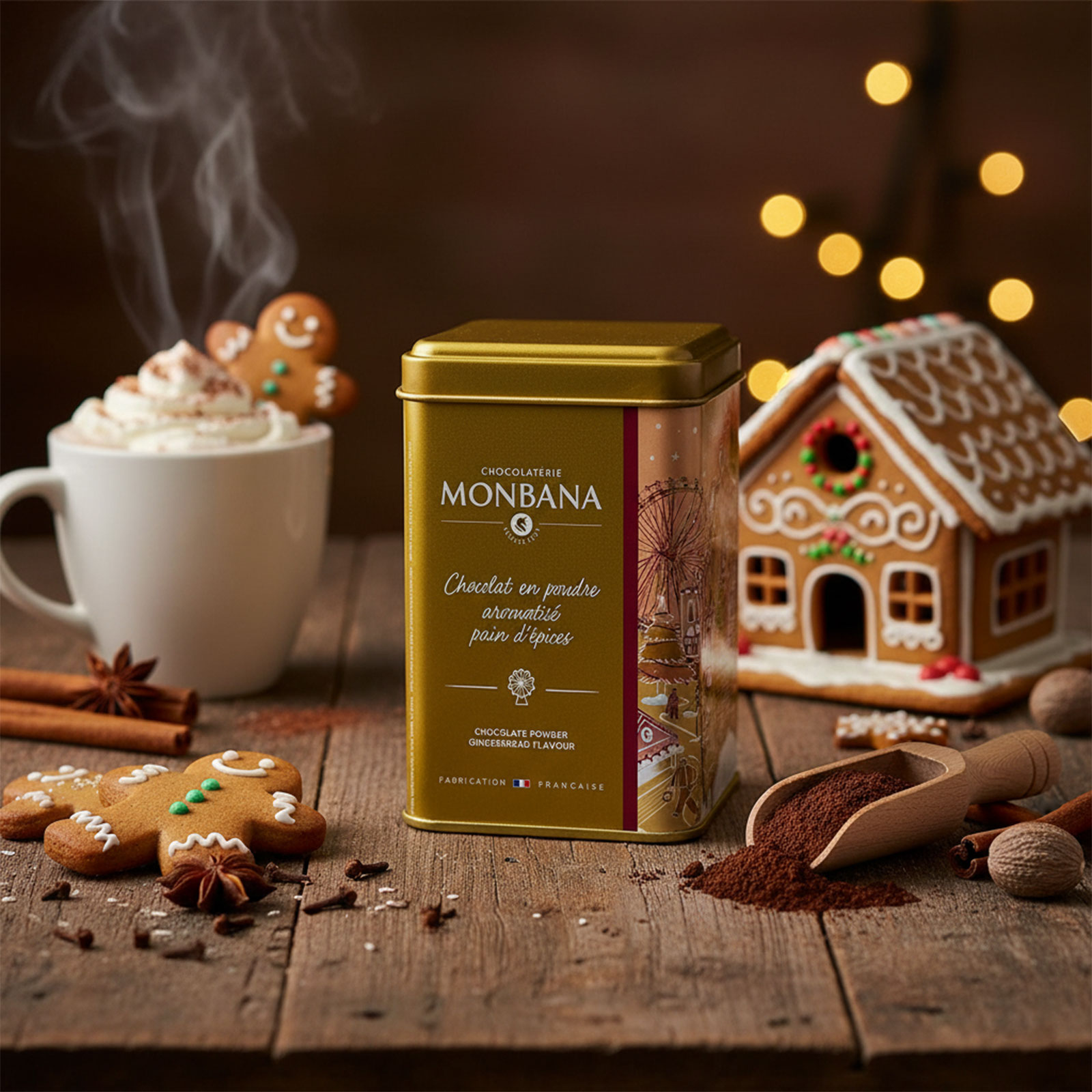 Boîte dorée de chocolat en poudre Monbana Pain d'épices, entourée d'épices, de biscuits en pain d'épices et d'une tasse de chocolat chaud fumant, ambiance Noël
