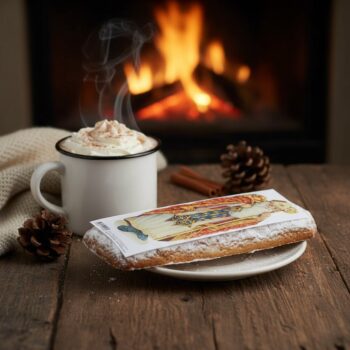 Pain d'épices LIPS Saint Nicolas saupoudré de sucre glace, avec une tasse de chocolat chaud fumant devant une cheminée.