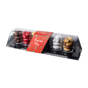 Plateau de fête Médicis avec 6 timbales transparentes contenant différentes sortes de chocolats et amandes enrobées, idéal pour les fêtes.