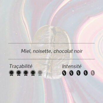 Grain de café sur un fond coloré, accompagné d’indications sur les arômes (miel, noisette, chocolat noir) et la traçabilité.