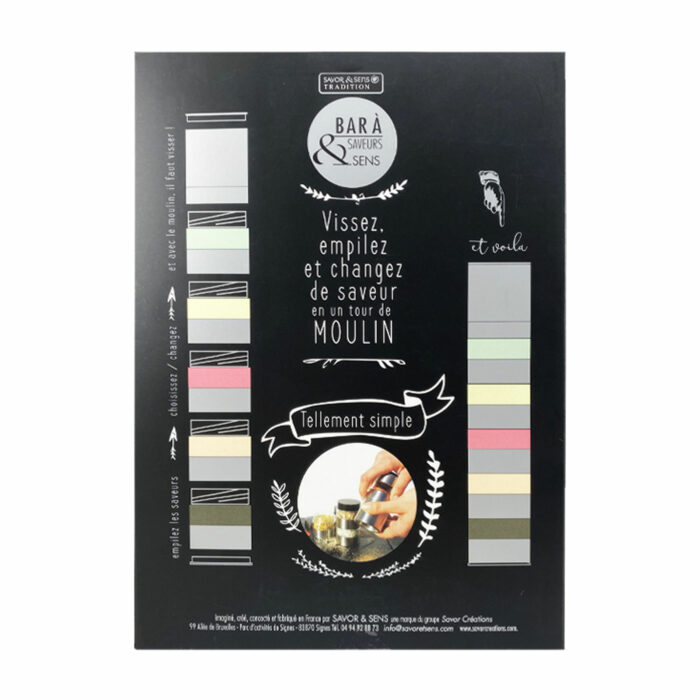 Vue arrière de l'emballage du Bar à Piments par Savor & Sens. L'emballage noir présente le logo en haut, suivi du texte 'Vissez, empilez et changez de saveur en un tour de MOULIN'. Des bandes verticales colorées représentent les diverses saveurs de piments. Au centre, une image montre une main tenant le moulin à piment, démontrant son utilisation pratique. Des informations supplémentaires sur l'entreprise sont fournies en bas de l'emballage.