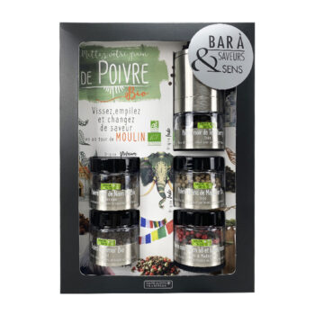Coffret cadeau Savor & Sens bar à poivres bio, pots colorés et moulin