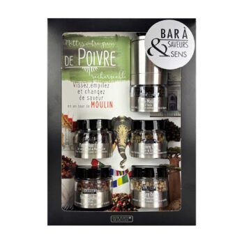 Coffret Bar à Poivres Savor & Sens noir avec moulin argenté et 5 pots de poivres variés, 72g