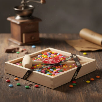 Tablette de chocolat au lait Le Comptoir de Mathilde surprise partie, décorée de bonbons colorés et accompagnée d'un petit maillet en bois.