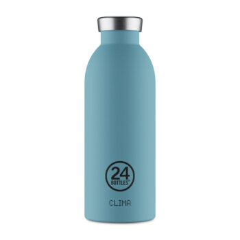 Bouteille isotherme 24BOTTLES bleue mate, bouchon argenté, logo et inscription Clima visibles