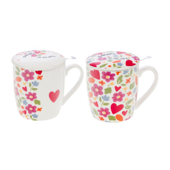 Coffret Amadeus de 2 tisanières Amor blanches avec motifs fleurs et cœurs, couvercle et infuseur intégré