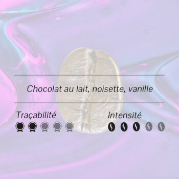 Grain de café Brésil Cerrado Veludo, notes chocolat noisette vanille, intensité modérée, arrière-plan pastel