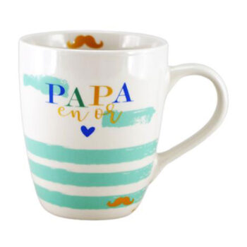 Mug Faye blanc en céramique papa en or avec cœur bleu, rayures turquoise et motifs moustaches