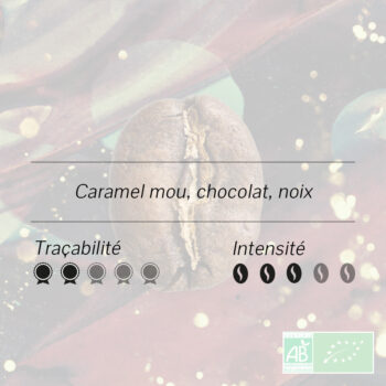 Illustration du café Honduras Cortes avec notes caramel, chocolat, noix et label Agriculture Biologique