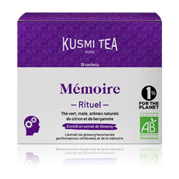 Boîte de thé Kusmi Tea Mémoire Rituel, blanche avec rabat violet, 18 sachets bio pour la mémoire