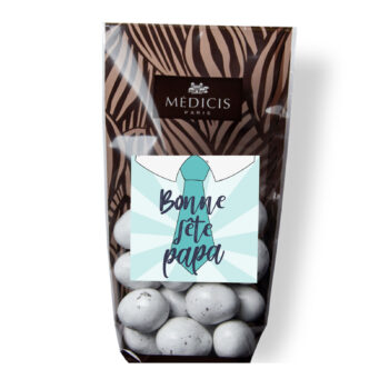 Sachet transparent d'oeufs de mouette Médicis Paris avec sticker Bonne fête papa cravate