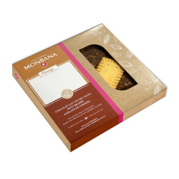 Biscuit petit beurre enrobé de chocolat au lait et caramel dans coffret Monbana message