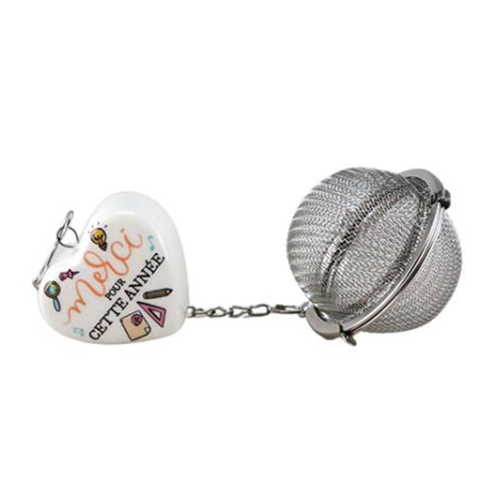Boule à thé avec charm cœur blanc inscrit merci pour cette année et illustrations pour maîtresse ou maître