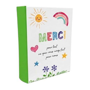 Livre cadeau GUINGUET avec inscription "MERCI" colorée, soleil, arc-en-ciel et cœur, pour exprimer sa gratitude
