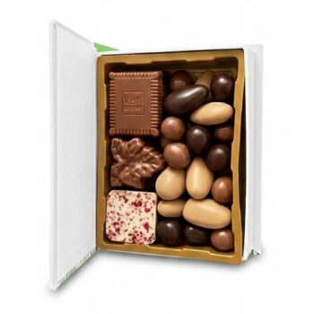 Boîte cadeau en forme de livre ouvert, remplie d'un assortiment de chocolats variés de la Maison Guinguet, avec un biscuit, une feuille et des bonbons au chocolat