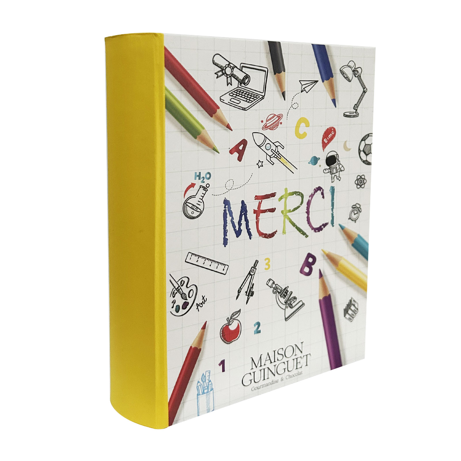 Boîte cadeau Maison Guinguet forme de livre 'Merci', couverture blanche illustrée motifs école/sciences et tranche jaune