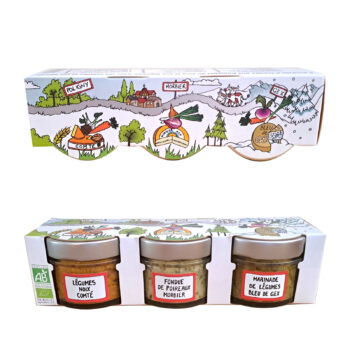 Coffret Moulin de Vaux "Promenade dans le Jura" avec 3 bocaux de tartinables bio aux fromages du Jura