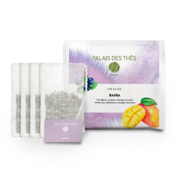 Sachets berlingot Palais Des Thés thé glacé Bahia avec emballage coloré et illustrations fruits exotiques