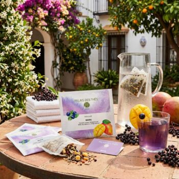 Composition de thé glacé Bahia de Palais des Thés avec des fruits frais, des sachets de thé et une carafe d'eau sur une table en extérieur