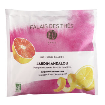 Sachet Palais des Thés infusion glacée Jardin Andalou avec illustrations citron pamplemousse et label Bio