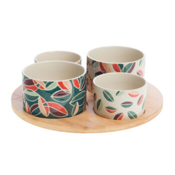 Plateau apéritif Vanina Amadeus en bambou avec coupelles en céramique motif feuilles stylisées vertes et crème