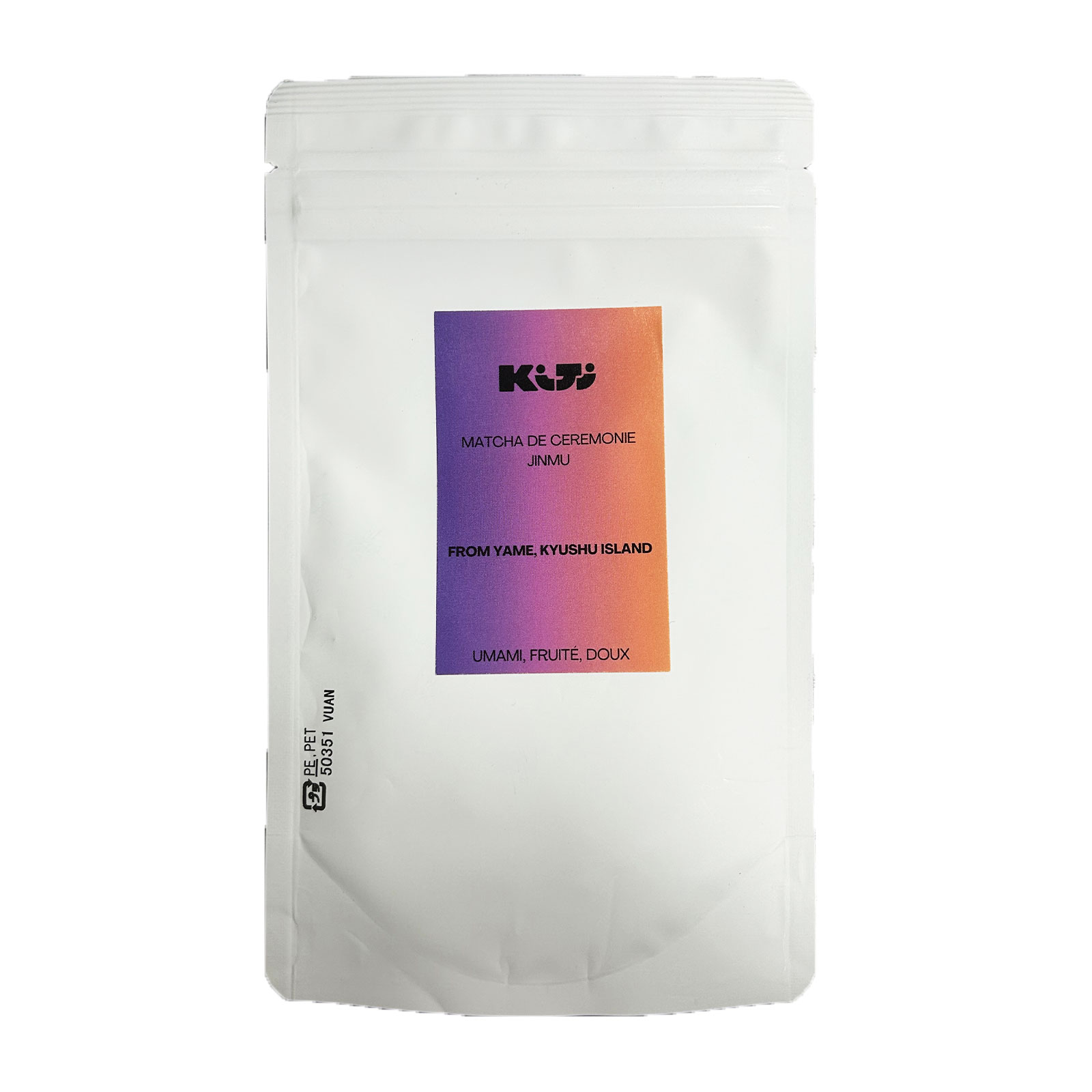 Sachet de Matcha de cérémonie Jinmu Kiji blanc, étiquette dégradé violet-orange, originaire de Yame Japon