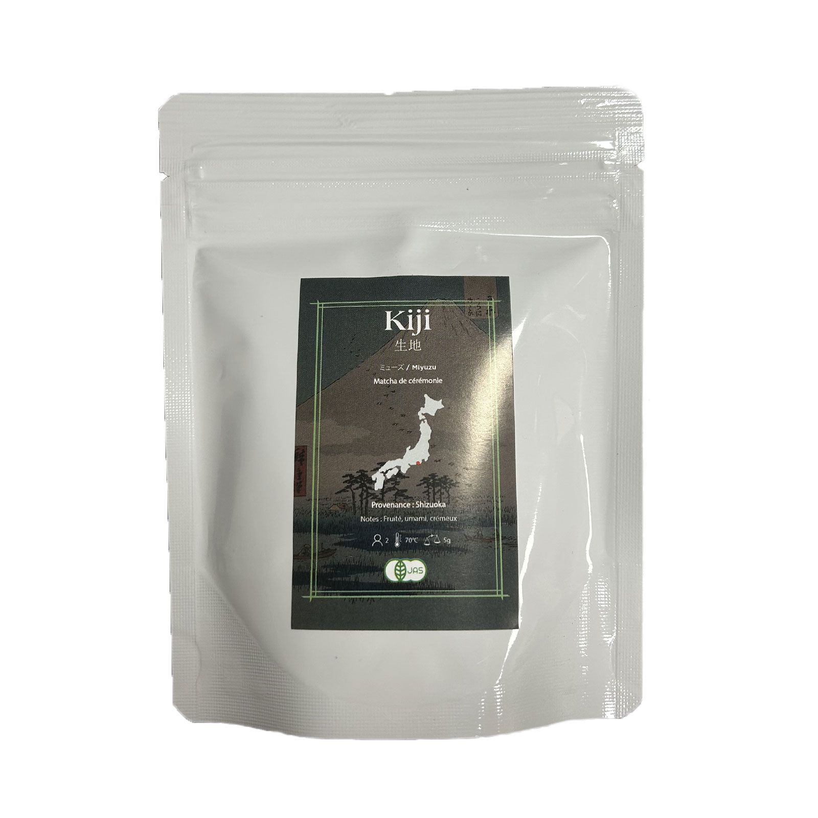 Sachet Kiji Paris Matcha de cérémonie Miyuzu 40g blanc, illustration Japon, notes fruitées et crémeuses