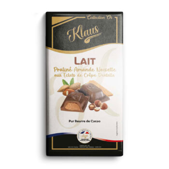 Tablette chocolat lait Klaus Collection Or praliné amande noisette, garnie d'amandes et noisettes
