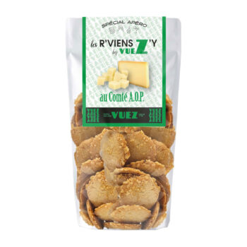 Sachet de biscuits apéritifs ronds dorés Vuez au Comté AOP, avec emballage vert 'Spécial Apéro'