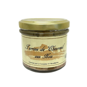 Terrine de chevreuil aux noix Le Comptoir, pot en verre avec couvercle doré, étiquette beige artisanale