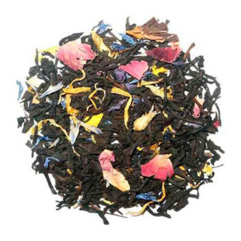 Thé noir Orientis Pacific Star en vrac avec pétales de fleurs roses, bleues et jaunes, saveurs fruits tropicaux