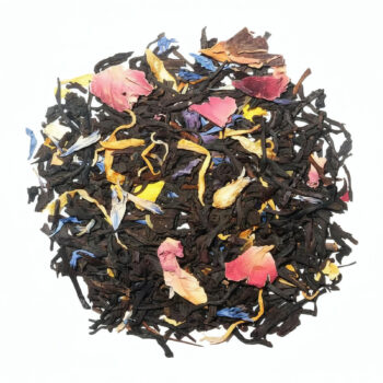 Thé noir Orientis Pacific Star en vrac avec pétales de fleurs roses, bleues et jaunes, saveurs fruits tropicaux