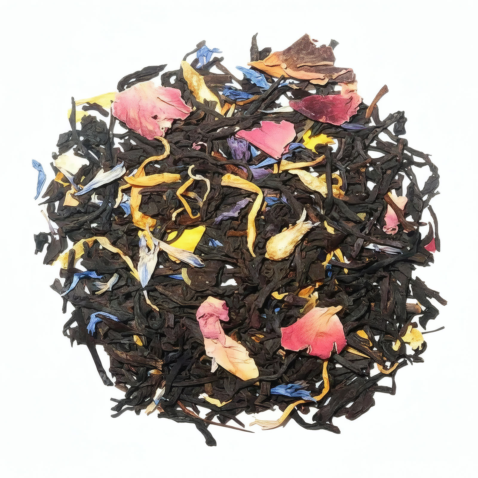 Thé noir Orientis Pacific Star en vrac avec pétales de fleurs roses, bleues et jaunes, saveurs fruits tropicaux