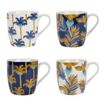 Coffret 4 mugs Mocoa 35cl, design tropical avec palmiers et oiseaux, en céramique, idéaux pour le café ou thé.
