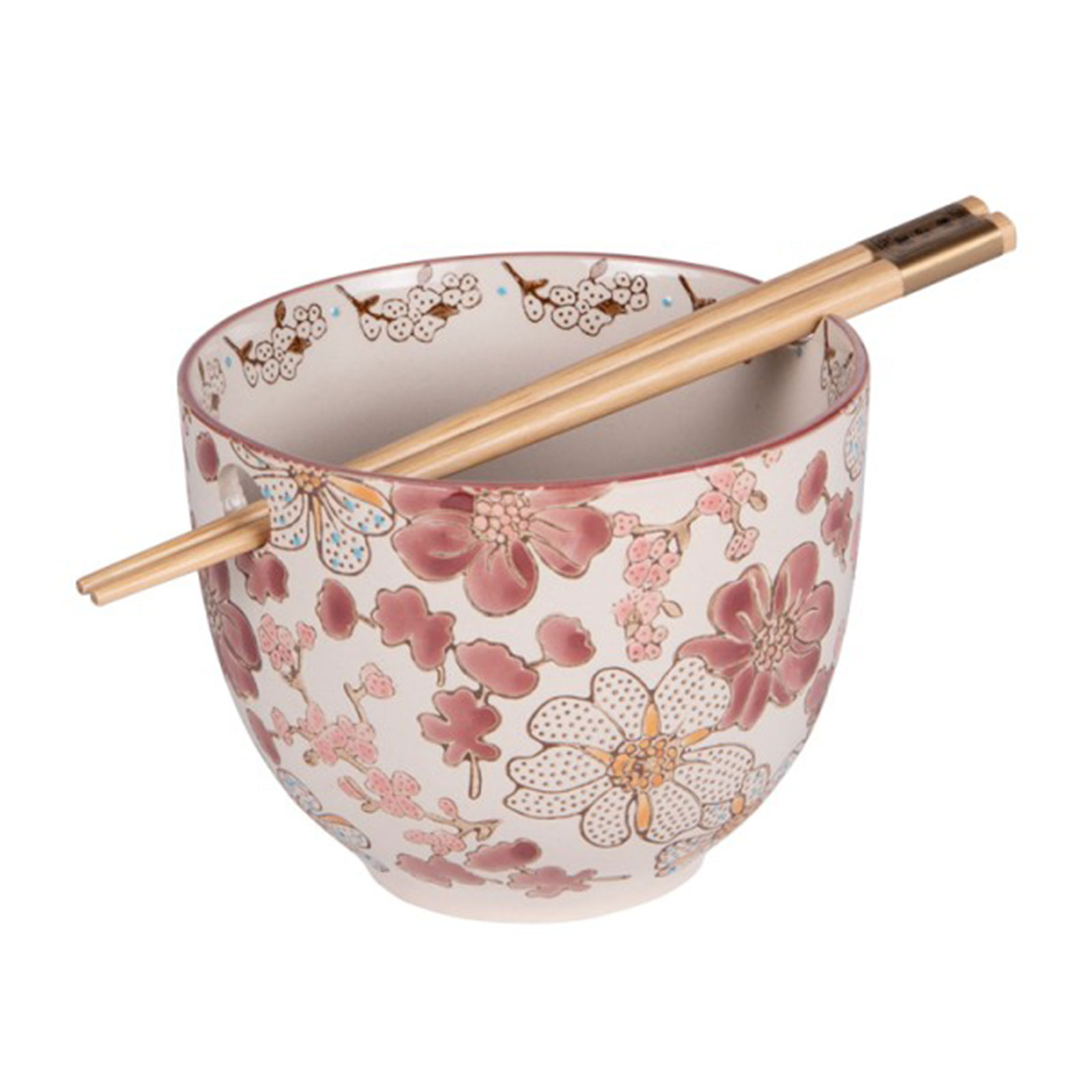 Bol Bastide Kiyo avec baguettes, motif floral rosée et bleutée sur fond crème, design japonais