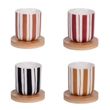 Coffret 4 gobelets Singita 10cl rayés brun orangé, bordeaux, noir, brun doré, avec sous-verres bois