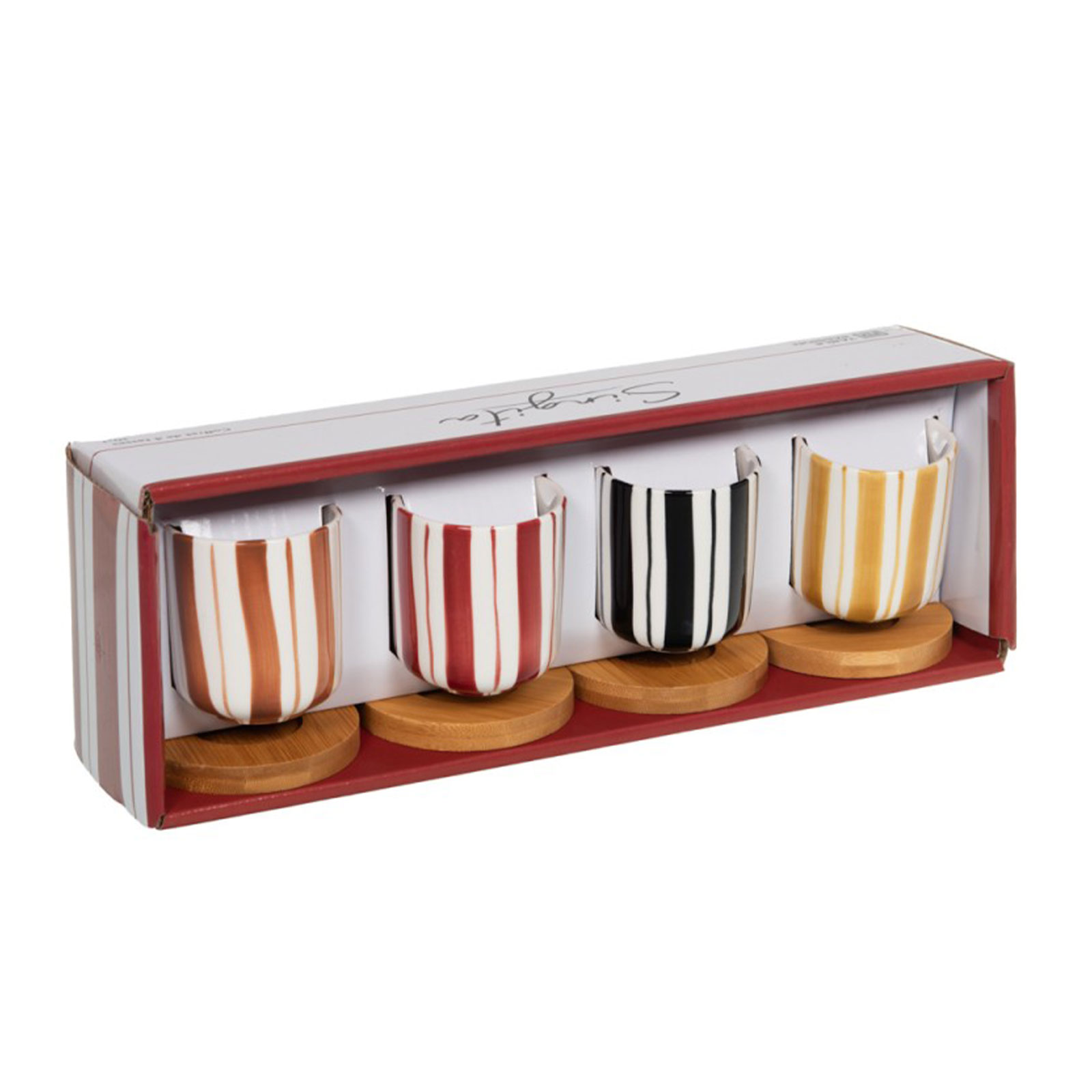 Coffret de quatre gobelets en porcelaine à rayures colorées (rouge, blanc, noir, jaune) sur des sous-verres en bois, présentation du coffret Bastide Singita.