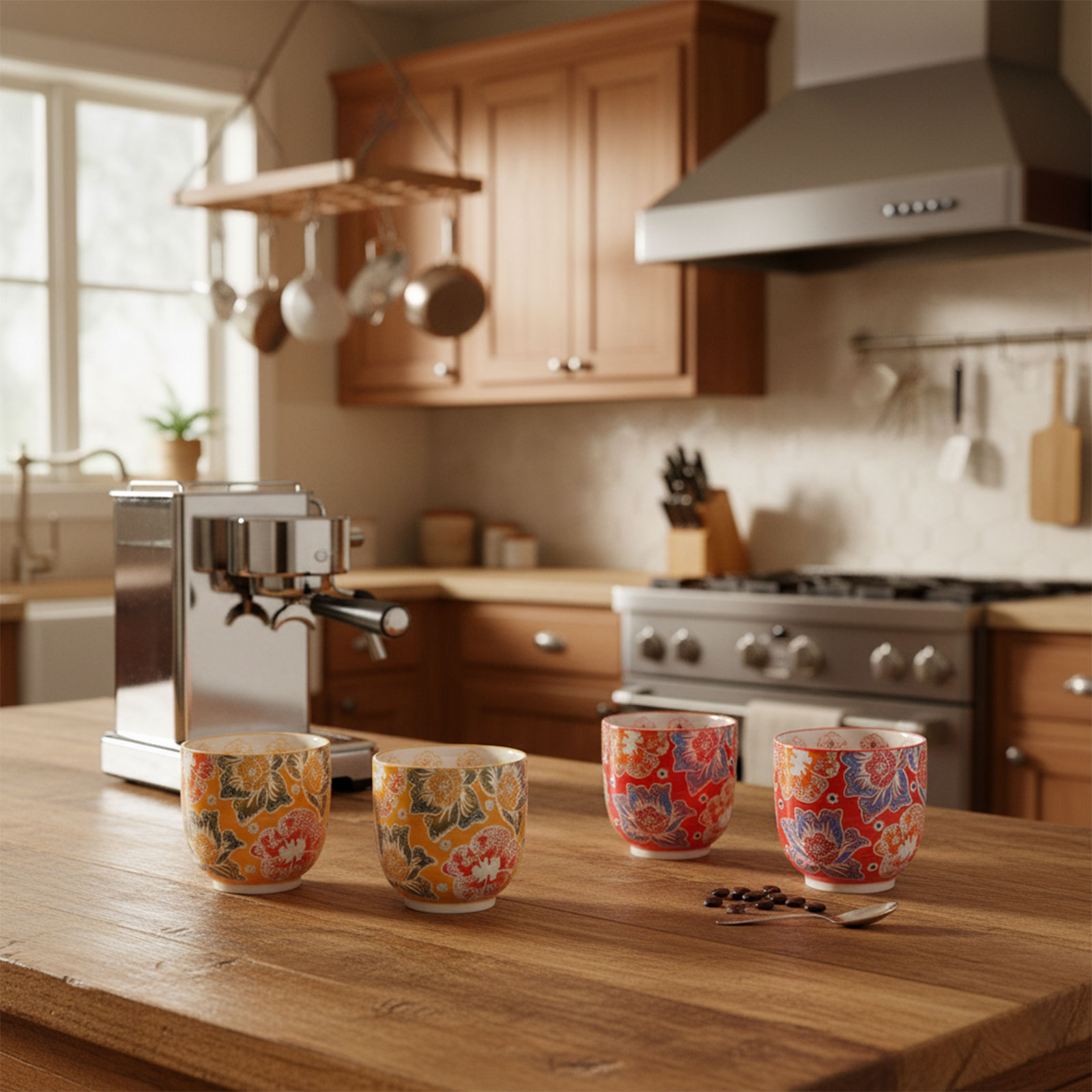 Quatre gobelets en grès aux motifs floraux vibrants sur une table en bois, avec une machine à expresso en arrière-plan, illustrant le coffret Bastide Gobelets Zéphyr 10cl