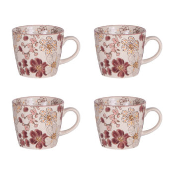 Coffret 4 tasses Kiyo 36cl Bastide, design floral bordeaux ocre, grès pour thé ou café