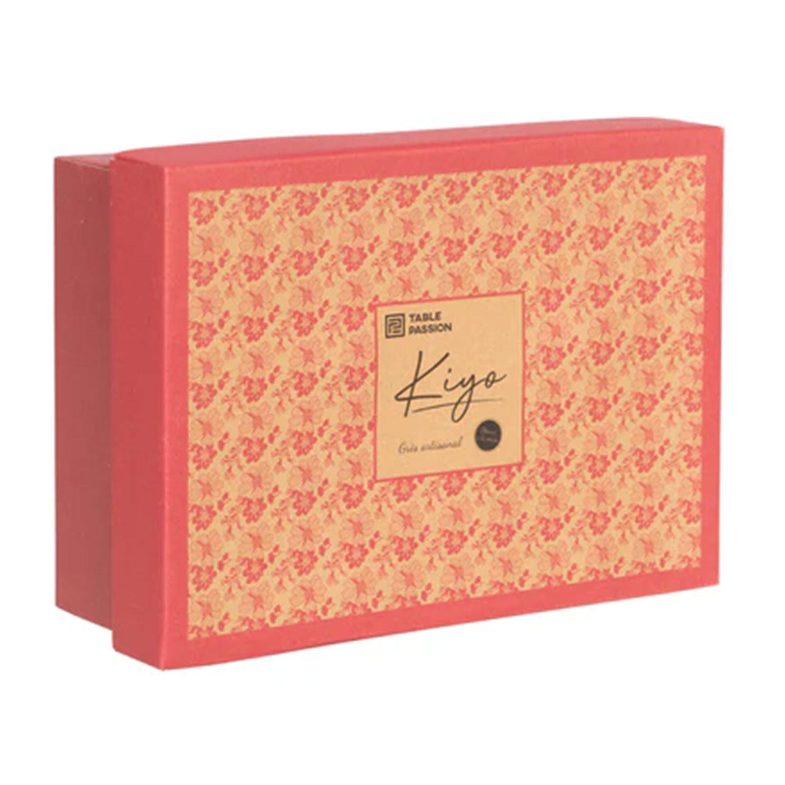 Boîte cadeau rose avec motif floral et logo 'Table Passion Kiyo' pour un coffret de tasses